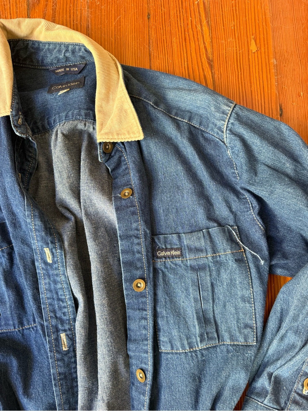 Calvin Klein Blue Denim Jacket Dress with Tan Corduroy Collar